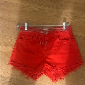 Red Denim Frayed Hem Women's Shorts